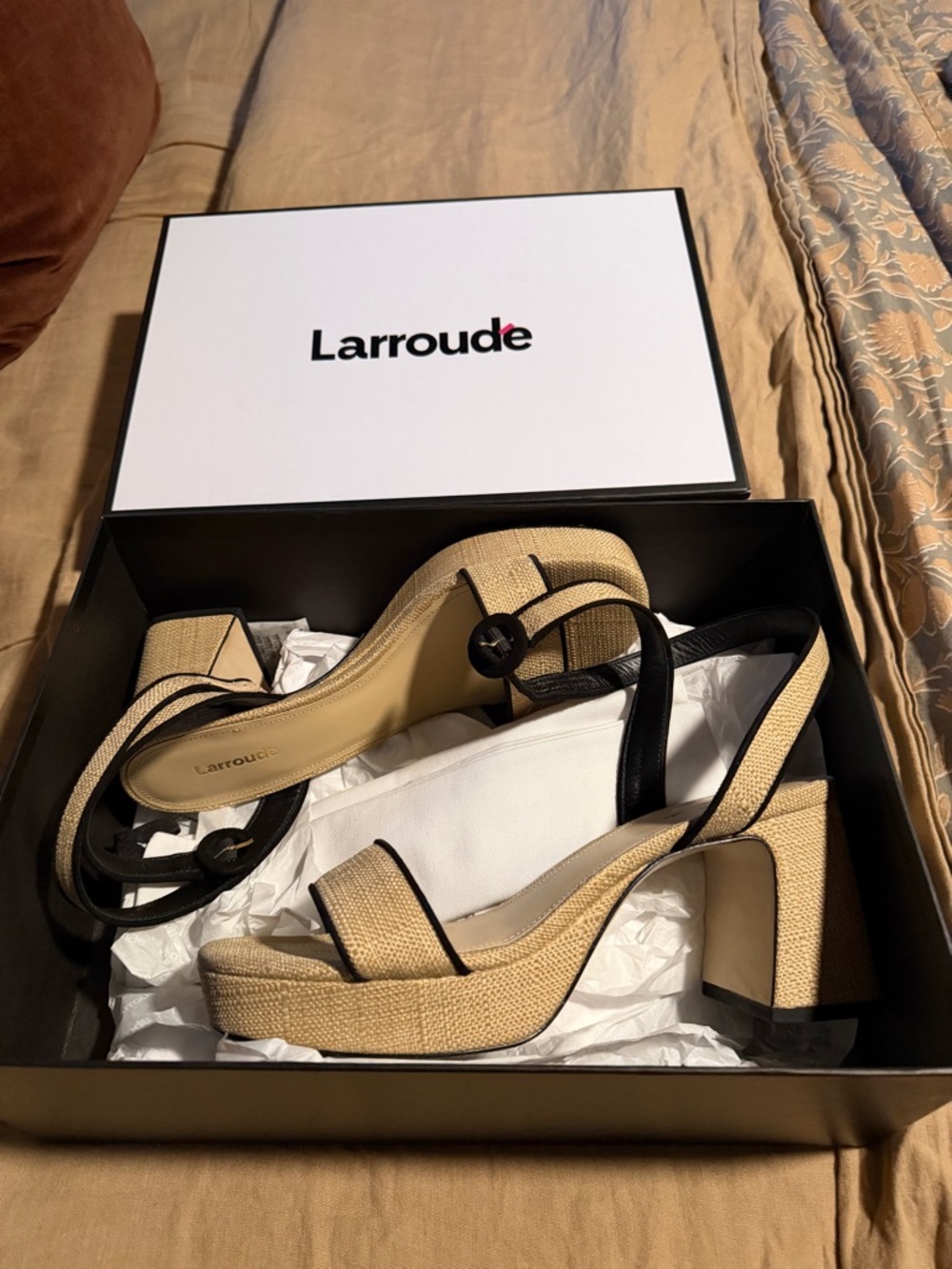 Larroude Beige and Black Platform Sandals